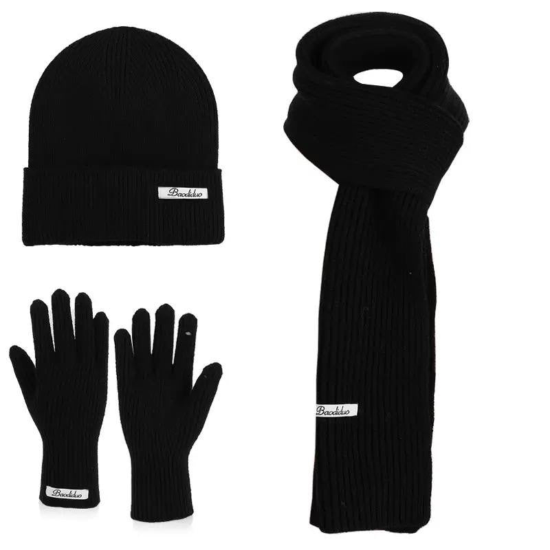 Ribbed Beanie, Scarf And Gloves Matching Set – Black