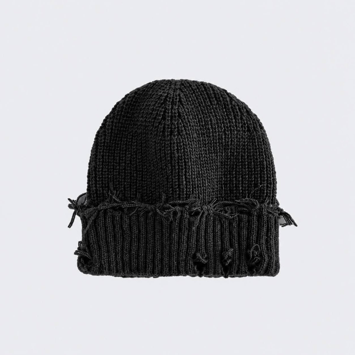 Distressed Ribbed Knit Beanie With Turn-Up Cuff – Black