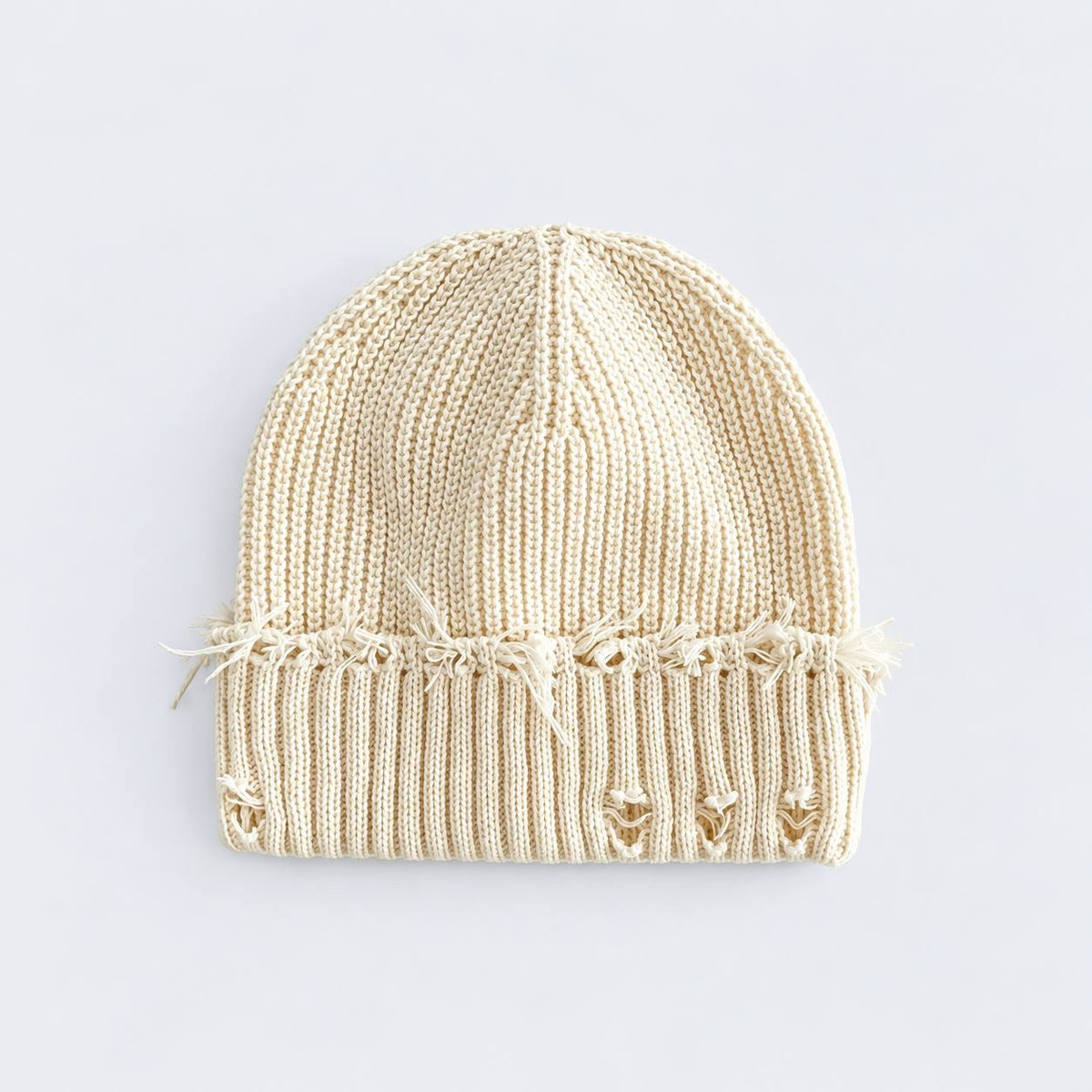 Distressed Ribbed Knit Beanie With Turn-Up Cuff – Cream