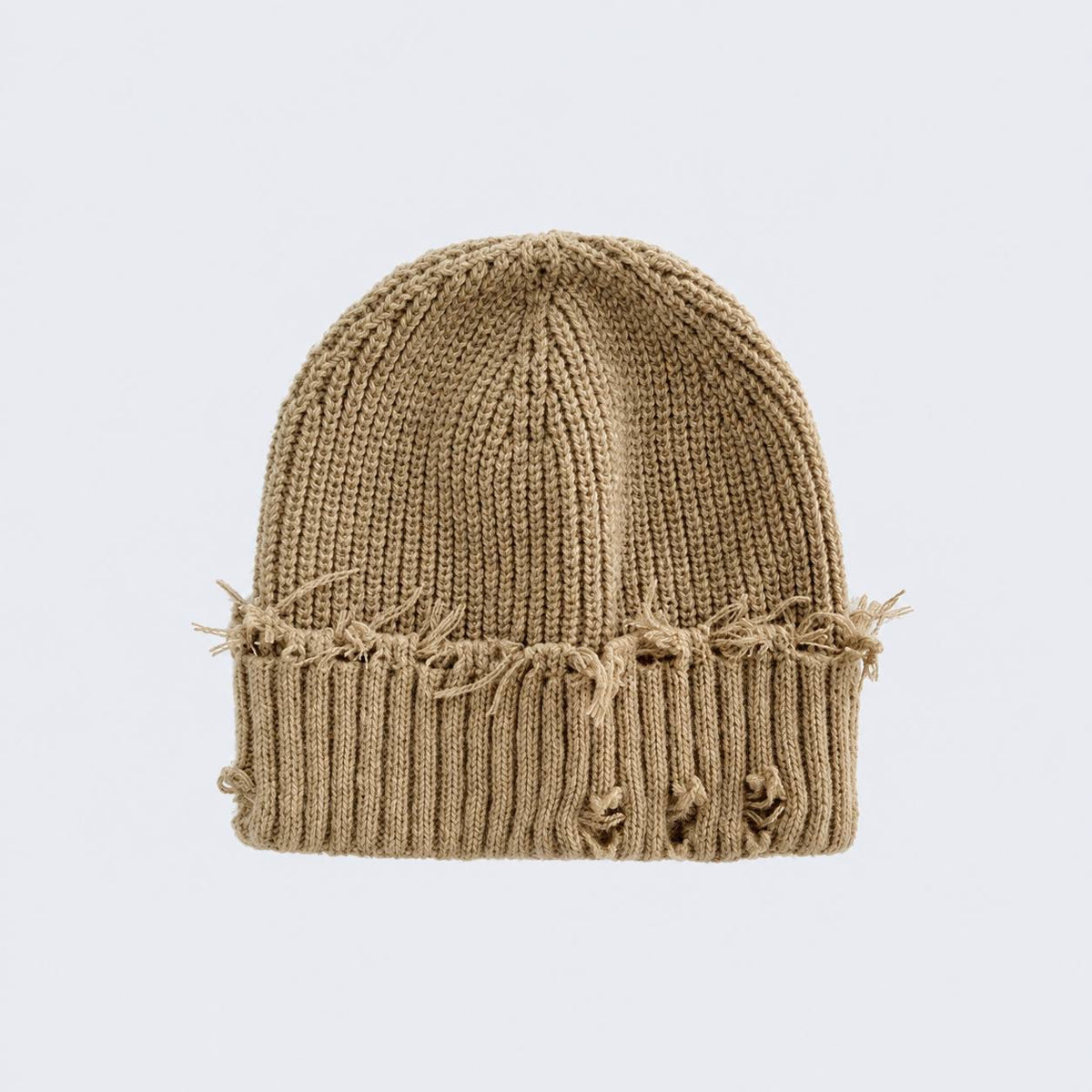 Distressed Ribbed Knit Beanie With Turn-Up Cuff – Beige