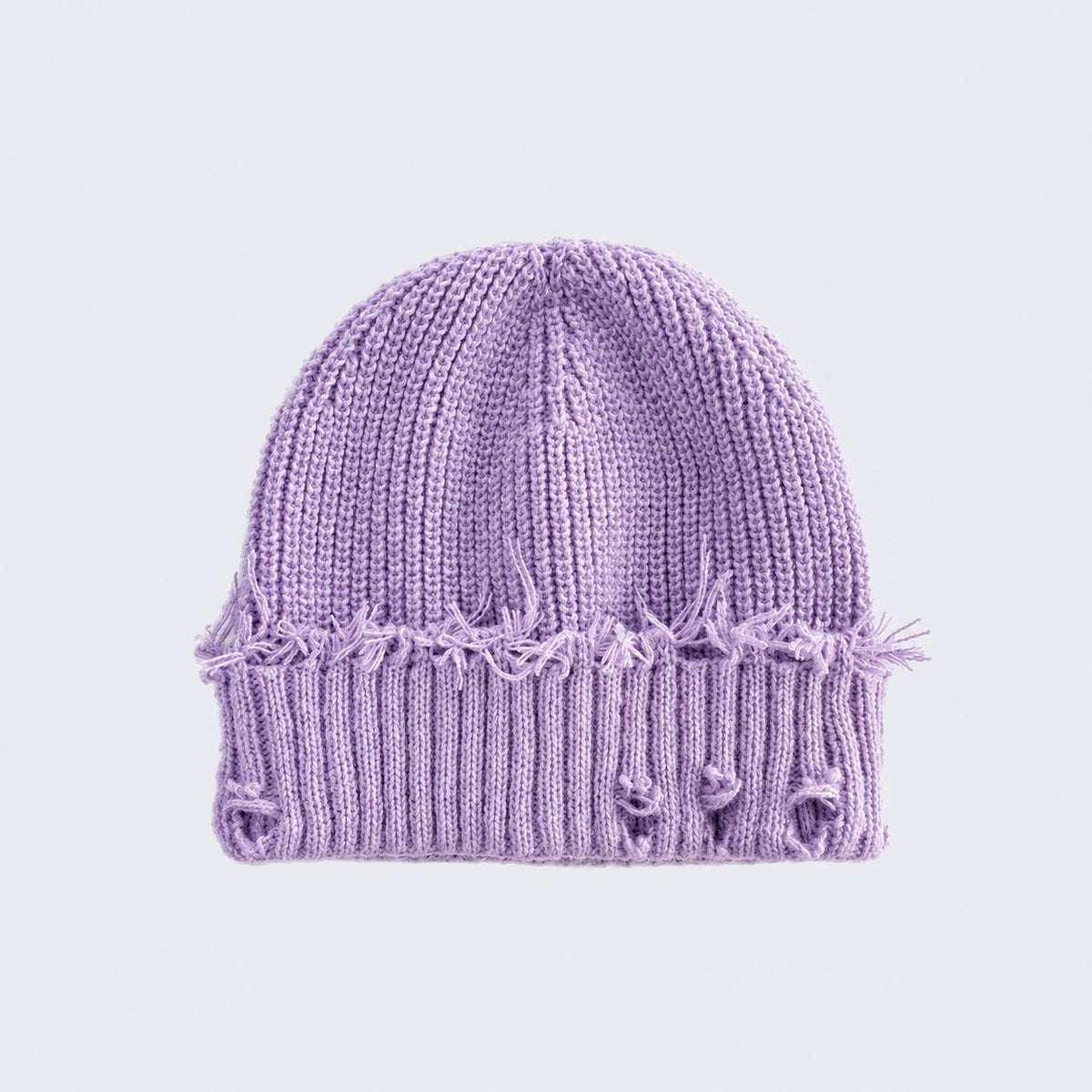 Distressed Ribbed Knit Beanie With Turn-Up Cuff – Lilac