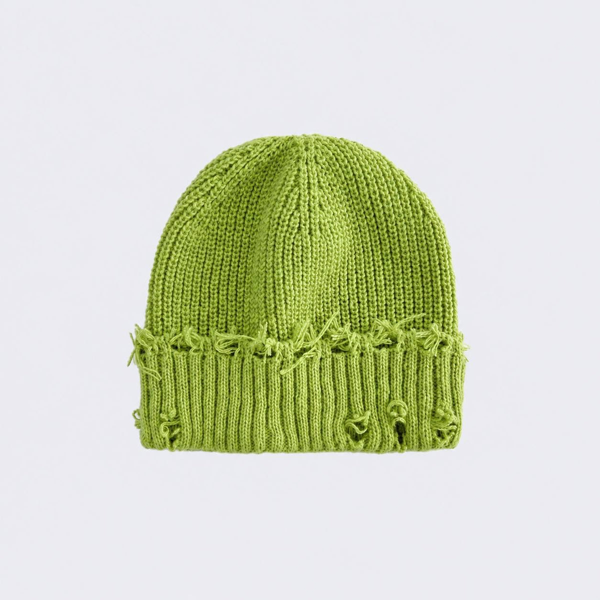 Distressed Ribbed Knit Beanie With Turn-Up Cuff – Lime Green