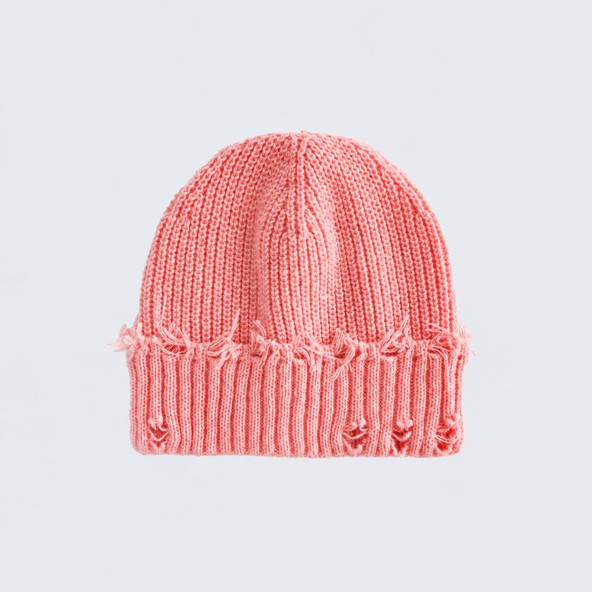 Distressed Ribbed Knit Beanie With Turn-Up Cuff – Coral