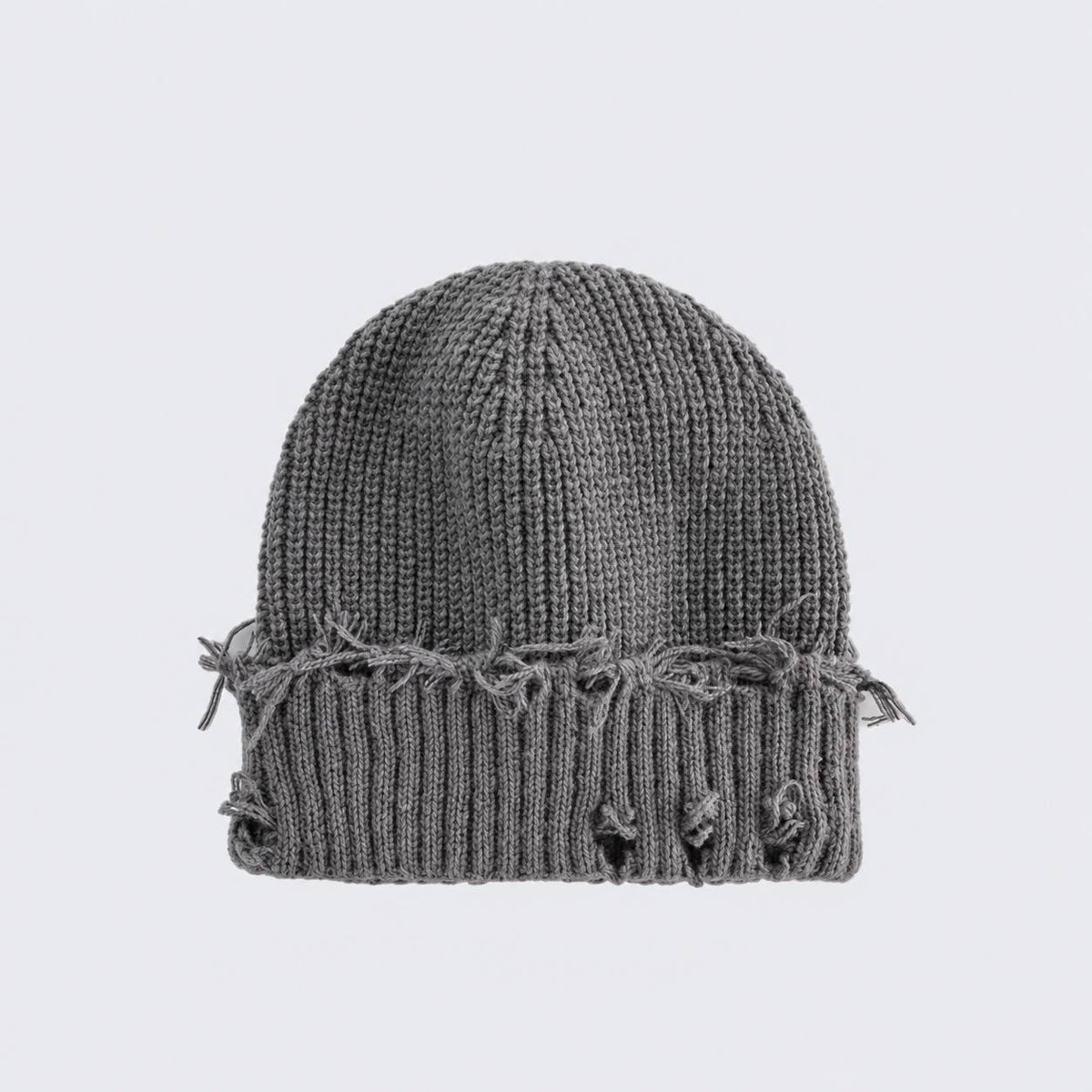 Distressed Ribbed Knit Beanie With Turn-Up Cuff – Dark Grey