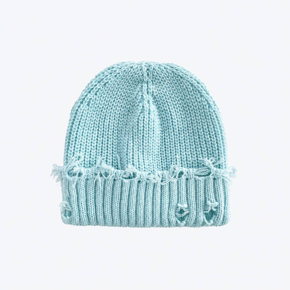 Distressed Ribbed Knit Beanie With Turn-Up Cuff – Aqua