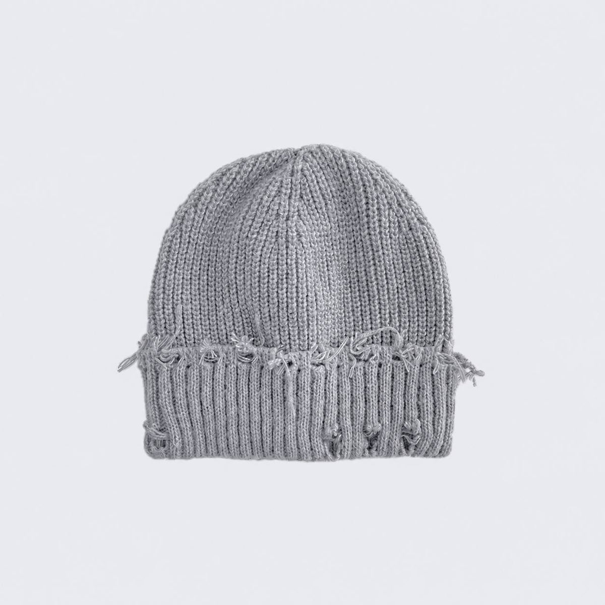 Distressed Ribbed Knit Beanie With Turn-Up Cuff – Light Grey