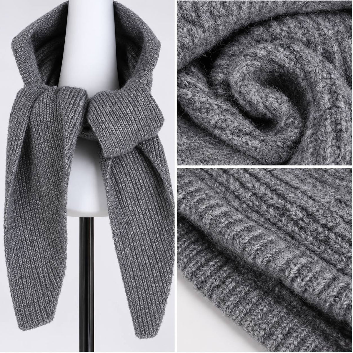 Knitted Hooded Scarf With Long Tapered Ends – Grey