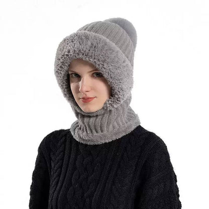 Ribbed Hooded Snood With Pom-Pom And Fluffy Trim – Grey