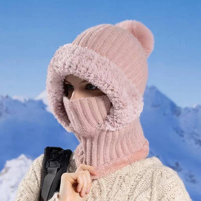 Ribbed Hooded Snood With Pom-Pom And Fluffy Trim – Pink