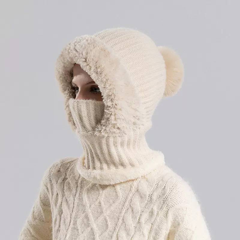 Ribbed Hooded Snood With Pom-Pom And Fluffy Trim – Cream