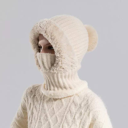 Ribbed Hooded Snood With Pom-Pom And Fluffy Trim – Cream