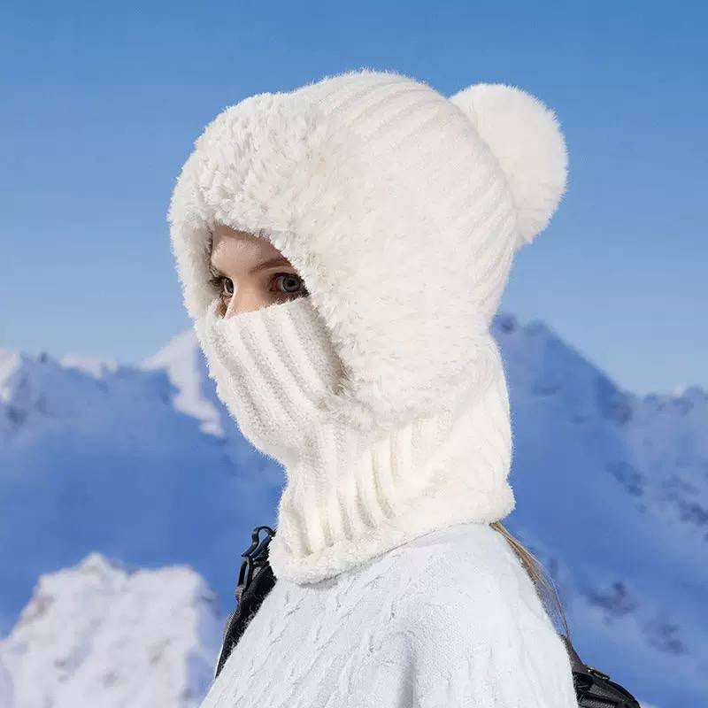 Ribbed Hooded Snood With Pom-Pom And Fluffy Trim – Cream