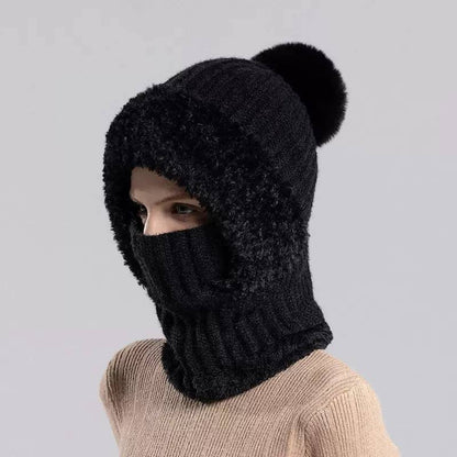 Ribbed Hooded Snood With Pom-Pom And Fluffy Trim – Black