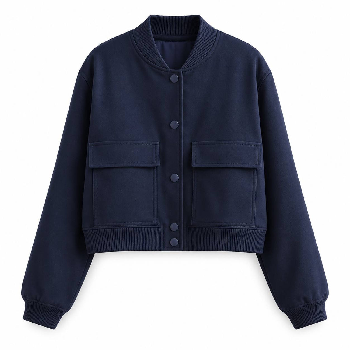 Cropped Press-Stud Bomber Jacket With Ribbed Trims And Pockets – Navy