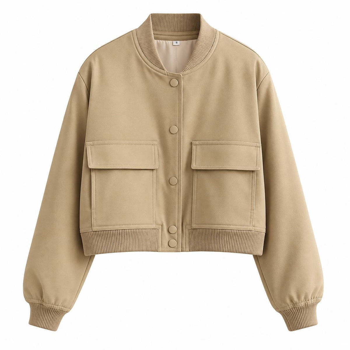 Cropped Press-Stud Bomber Jacket With Ribbed Trims And Pockets – Beige