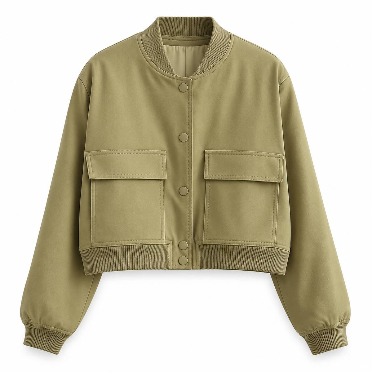 Cropped Press-Stud Bomber Jacket With Ribbed Trims And Pockets – Olive Green