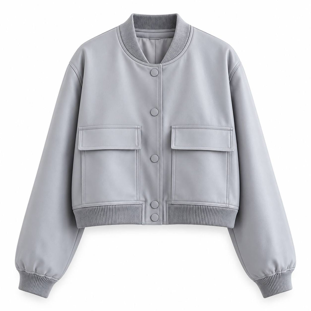 Cropped Press-Stud Bomber Jacket With Ribbed Trims And Pockets – Grey