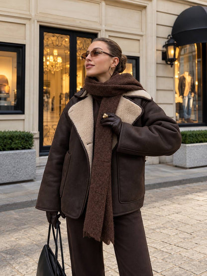Relaxed Button-Front Jacket With Textured Wide Lapels – Brown