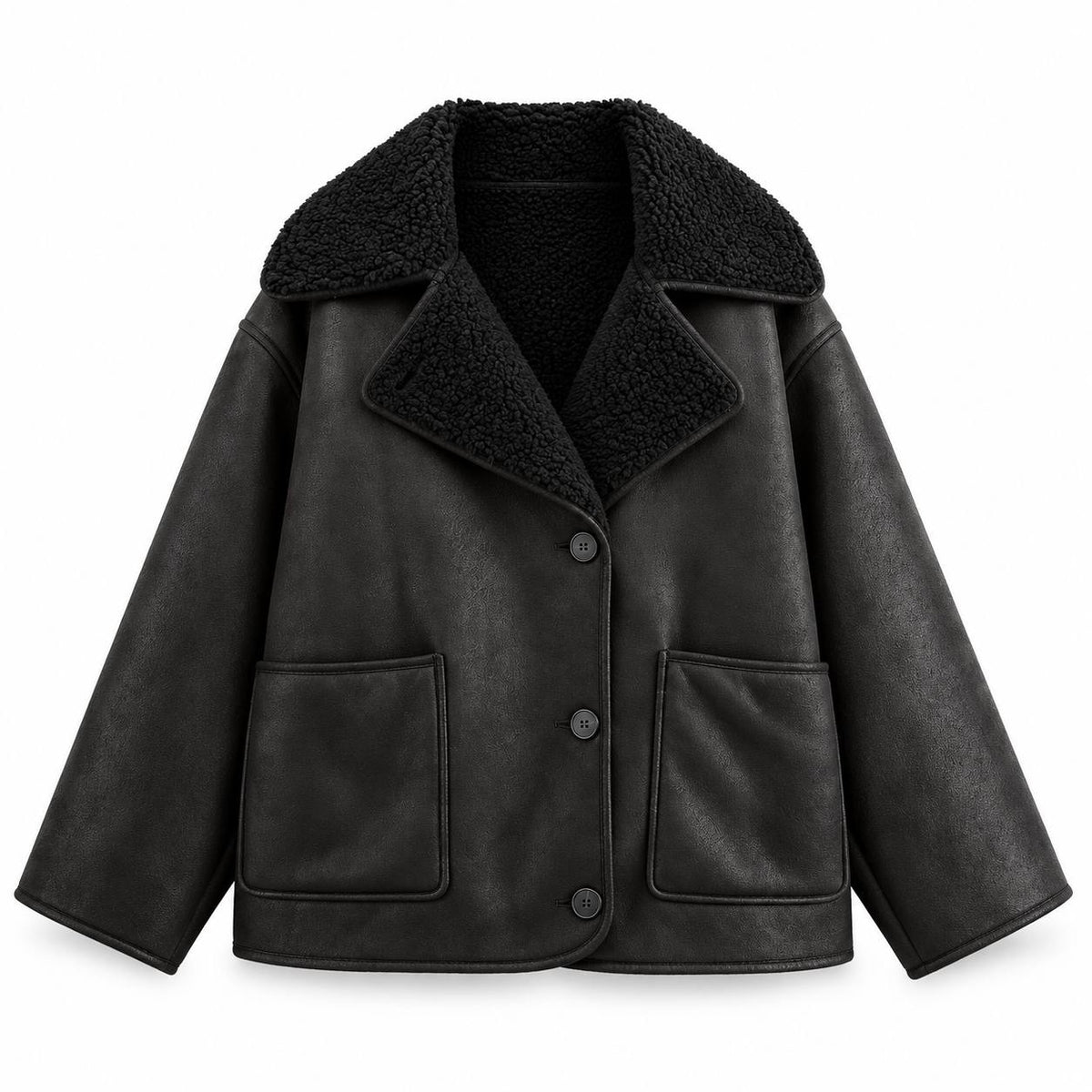 Relaxed Button-Front Jacket With Textured Wide Lapels – Black