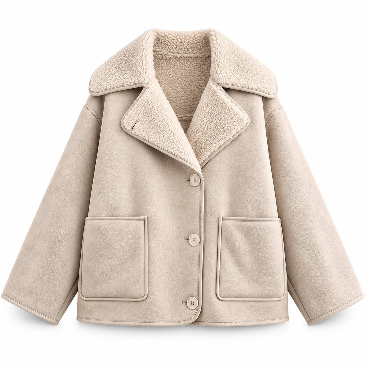 Relaxed Button-Front Jacket With Textured Wide Lapels – Beige