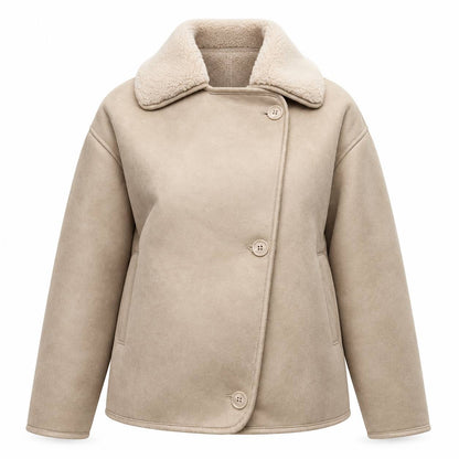Relaxed Button-Front Jacket With Textured Collar And Pockets – Beige
