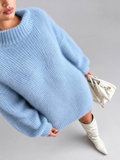 Relaxed High Neck Jumper Dress With Ribbed Trims – Light Blue