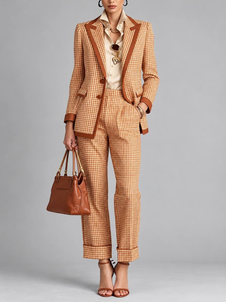 Contrast Trim Checked Blazer and Trouser Set – Brown Check