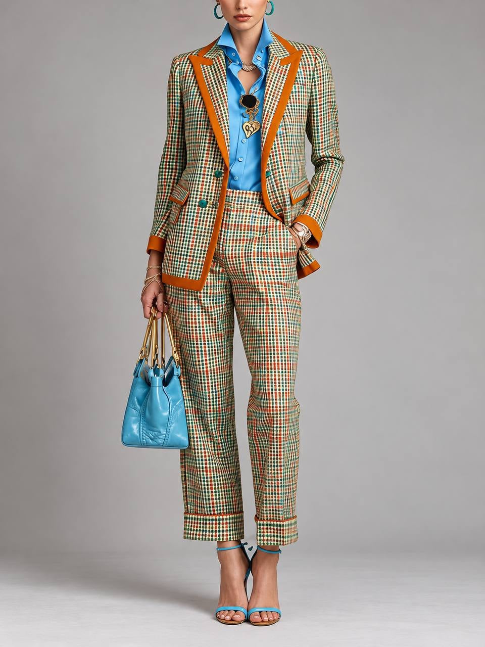 Contrast Trim Checked Blazer and Trouser Set – Multicolour Check