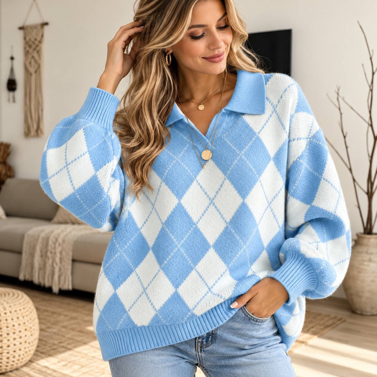 Relaxed Argyle Collared Jumper With Long Sleeves – Light Blue Argyle