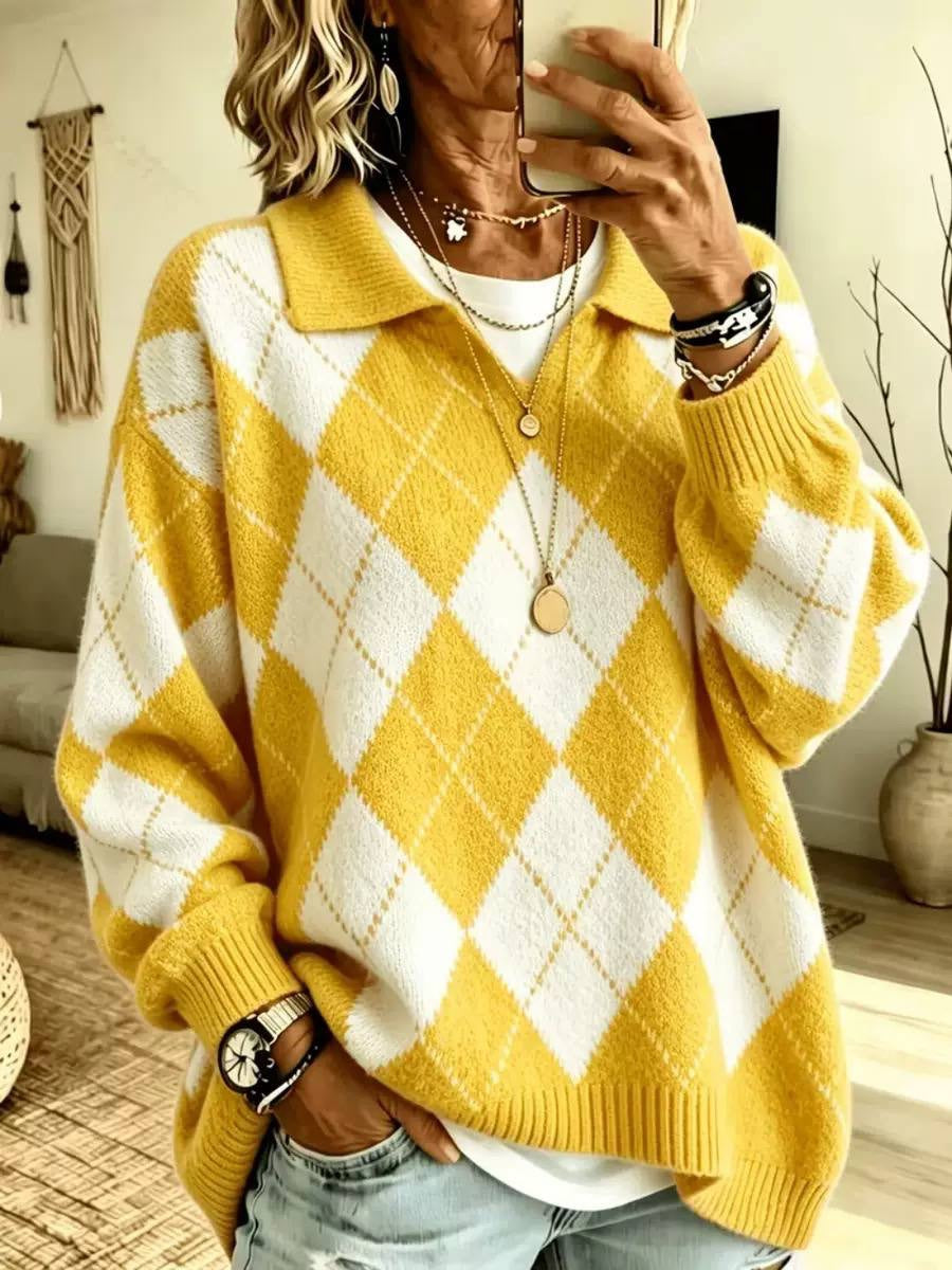 Relaxed Argyle Collared Jumper With Long Sleeves – Yellow Argyle