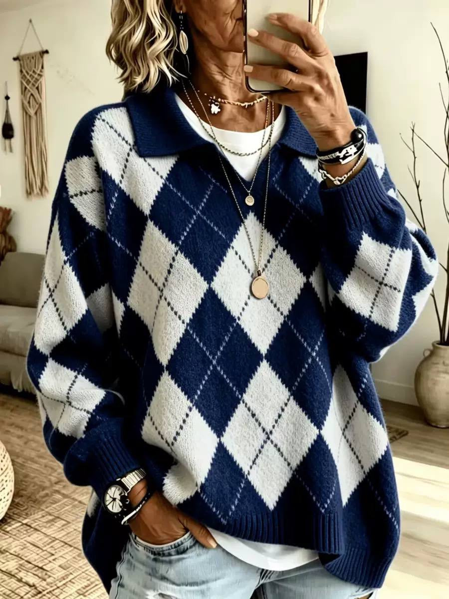 Relaxed Argyle Collared Jumper With Long Sleeves – Navy Argyle