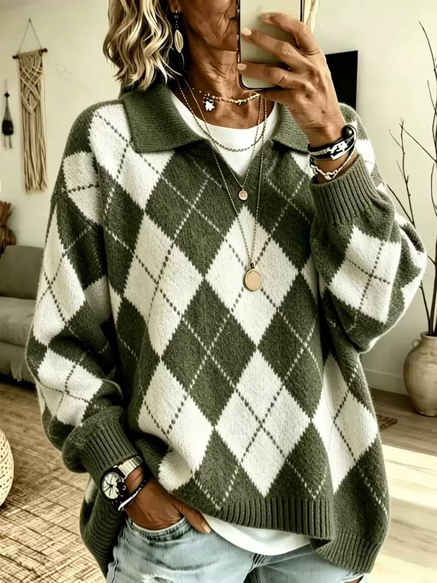 Relaxed Argyle Collared Jumper With Long Sleeves – Olive Green Argyle