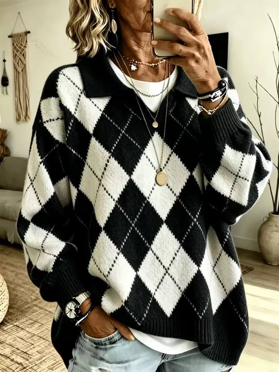 Relaxed Argyle Collared Jumper With Long Sleeves – Black Argyle