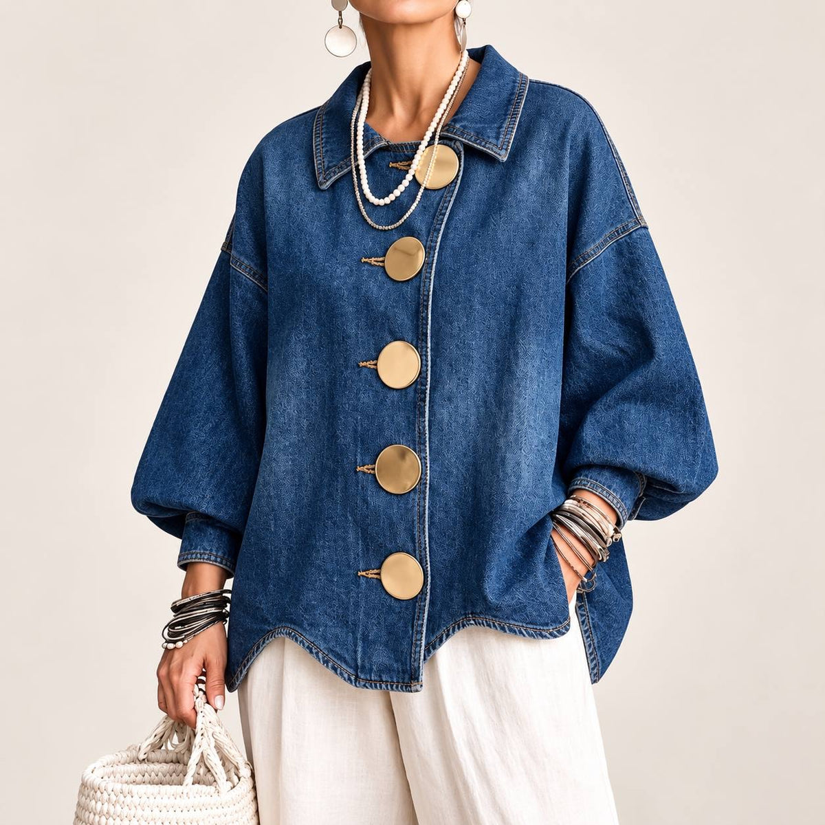 Relaxed Collared Jacket With Balloon Sleeves And Oversized Buttons – Blue