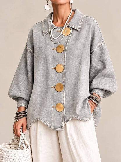 Relaxed Collared Jacket With Balloon Sleeves And Oversized Buttons – Grey