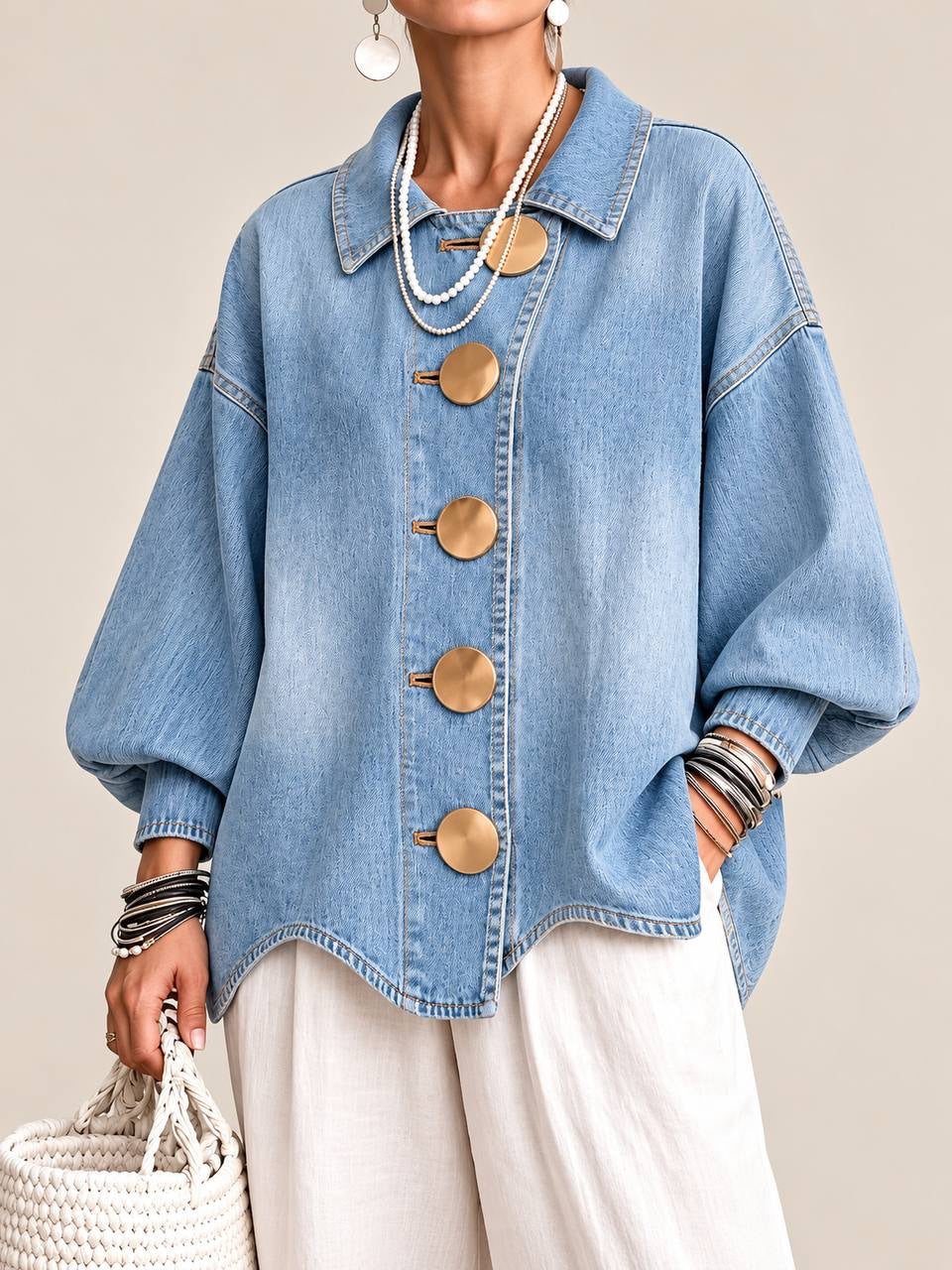 Relaxed Collared Jacket With Balloon Sleeves And Oversized Buttons – Light Blue