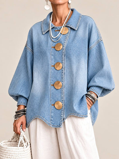 Relaxed Collared Jacket With Balloon Sleeves And Oversized Buttons – Light Blue