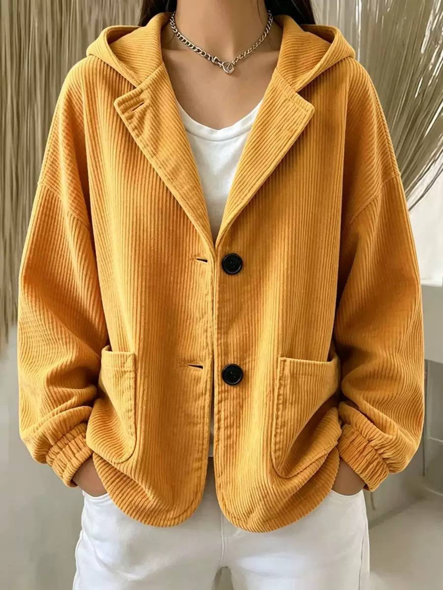 Relaxed Ribbed Hooded Jacket With Buttons And Patch Pockets – Mustard