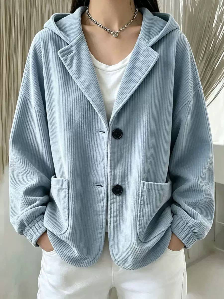 Relaxed Ribbed Hooded Jacket With Buttons And Patch Pockets – Light Blue