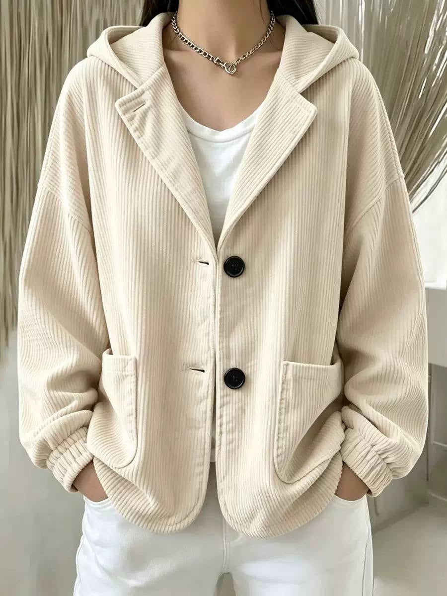 Relaxed Ribbed Hooded Jacket With Buttons And Patch Pockets – Cream