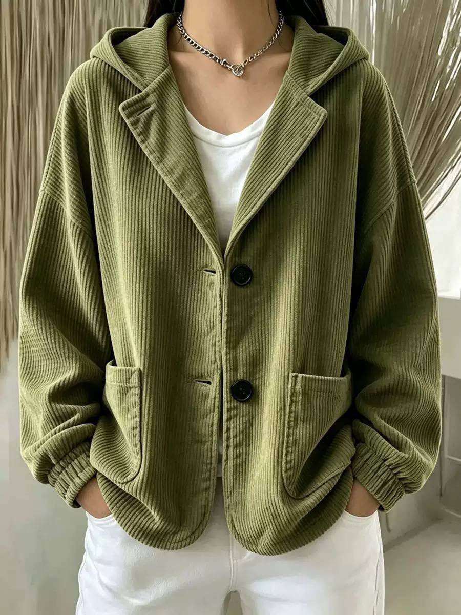 Relaxed Ribbed Hooded Jacket With Buttons And Patch Pockets – Olive Green