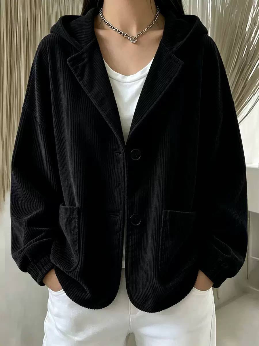 Relaxed Ribbed Hooded Jacket With Buttons And Patch Pockets – Black