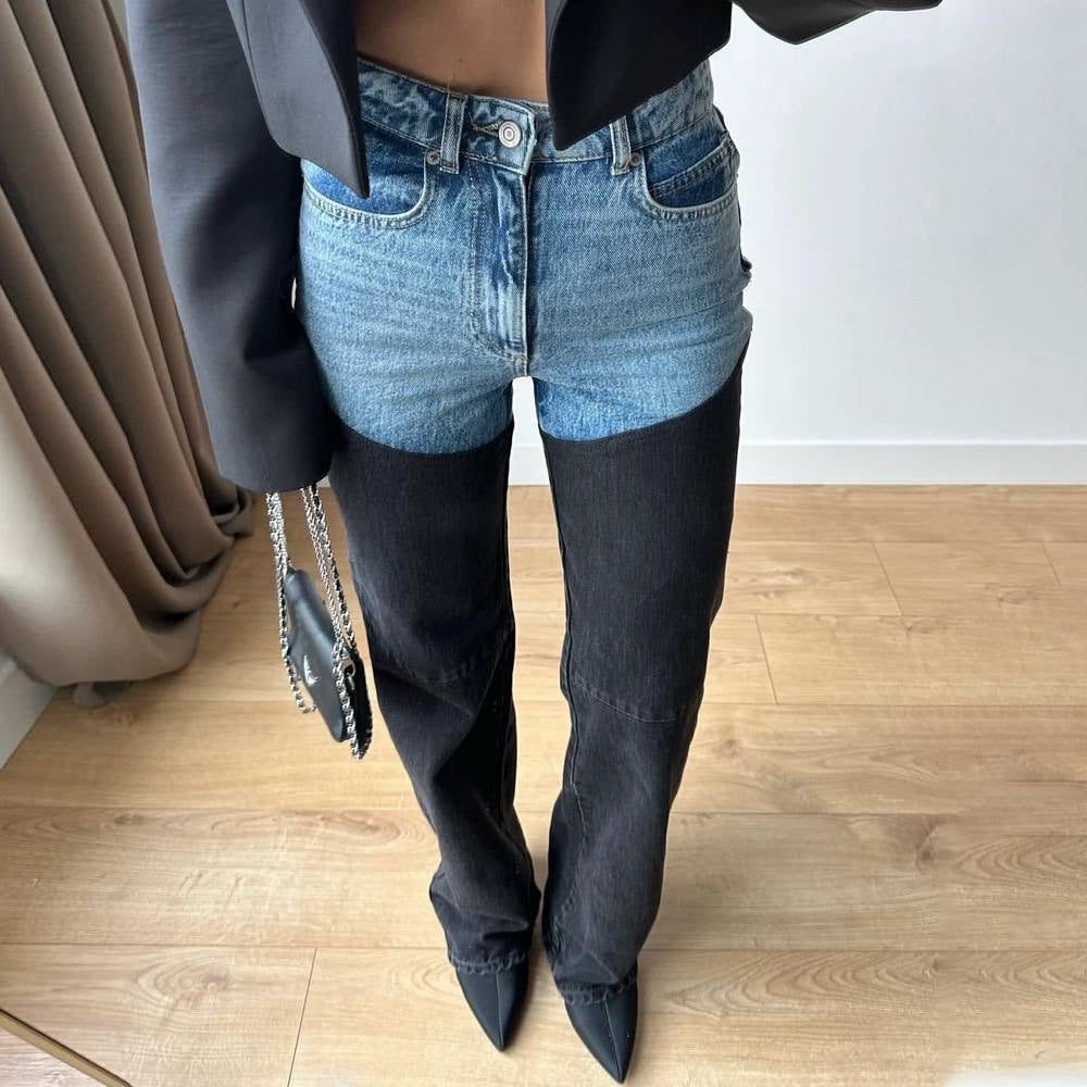 High-Waisted Straight-Leg Jeans With Contrast Panels And Pockets – Blue And Black
