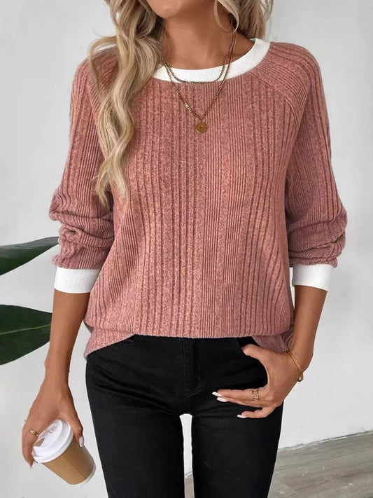 Relaxed Ribbed Jumper With Contrast Crew Neck – Dusty Pink
