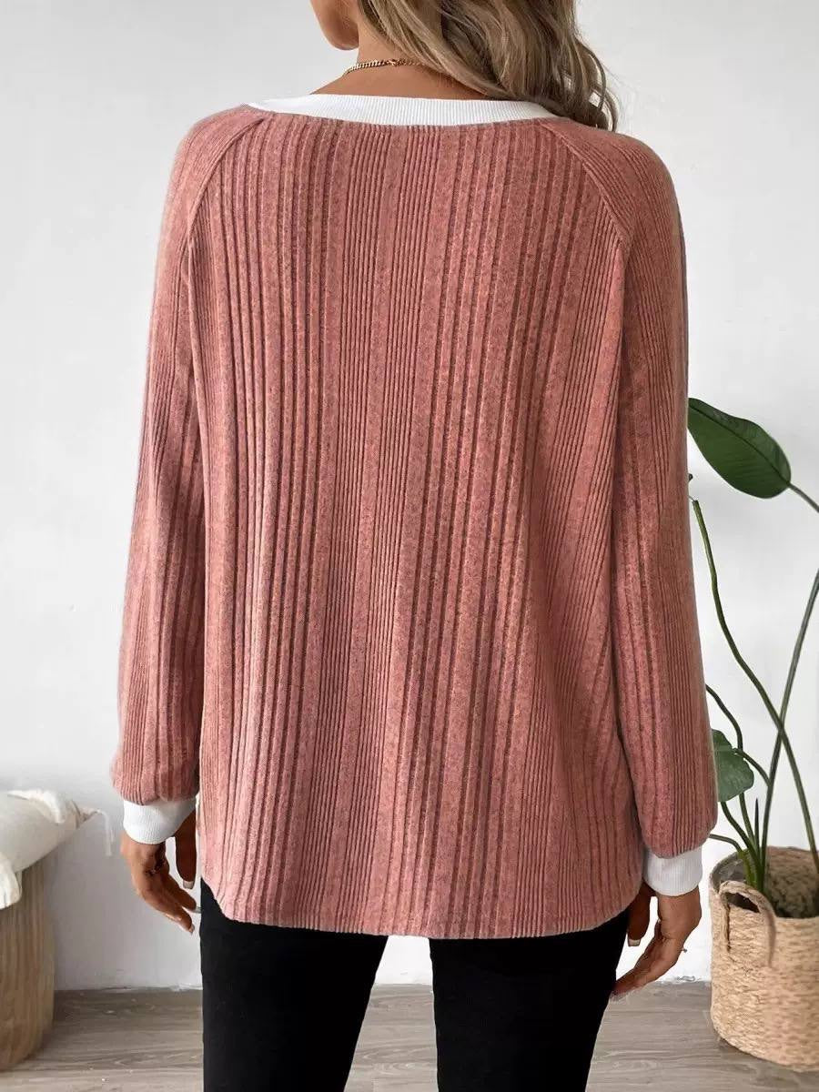 Relaxed Ribbed Jumper With Contrast Crew Neck – Dusty Pink
