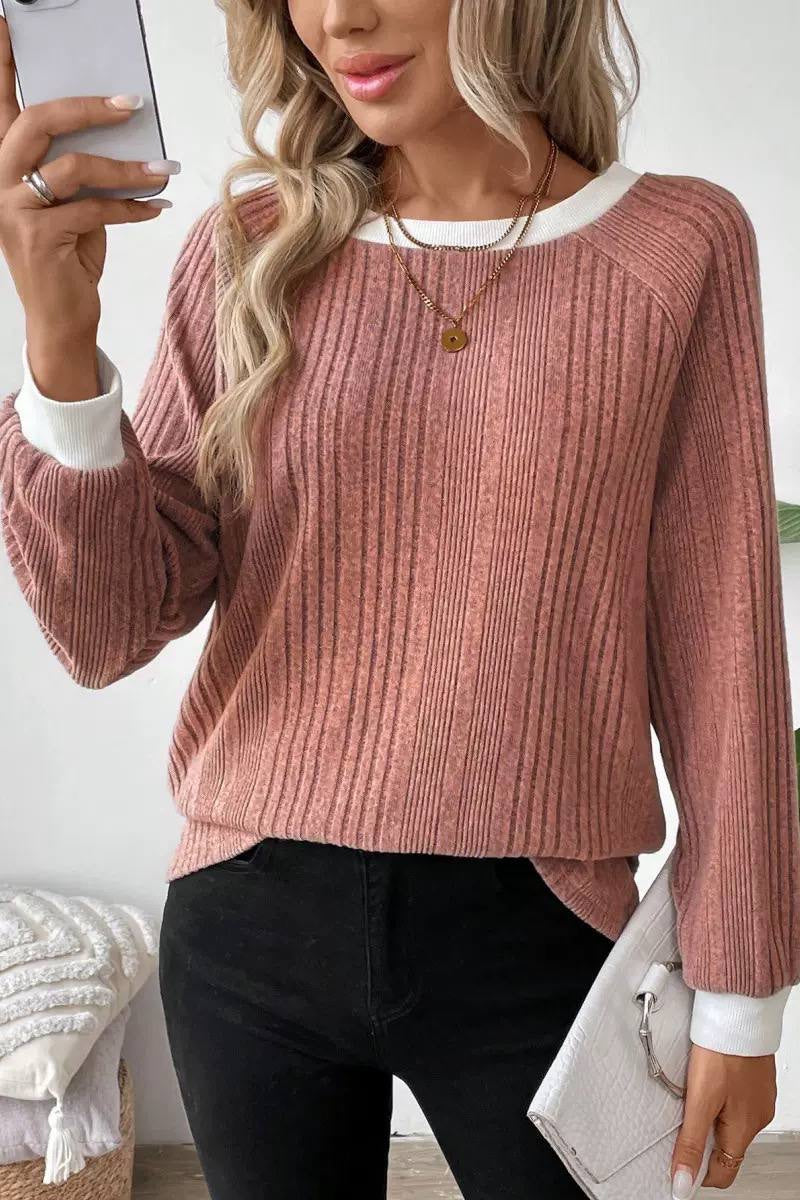 Relaxed Ribbed Jumper With Contrast Crew Neck – Dusty Pink
