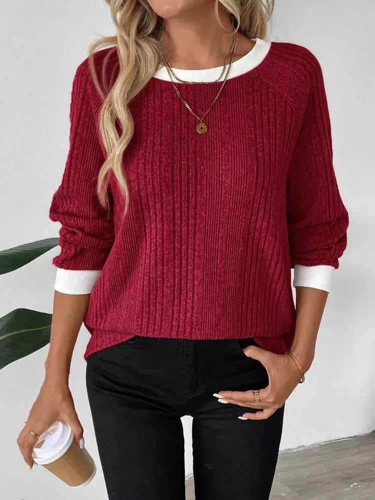 Relaxed Ribbed Jumper With Contrast Crew Neck – Burgundy