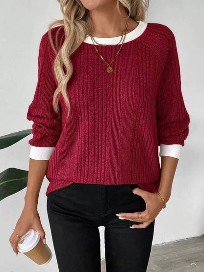 Relaxed Ribbed Jumper With Contrast Crew Neck – Burgundy