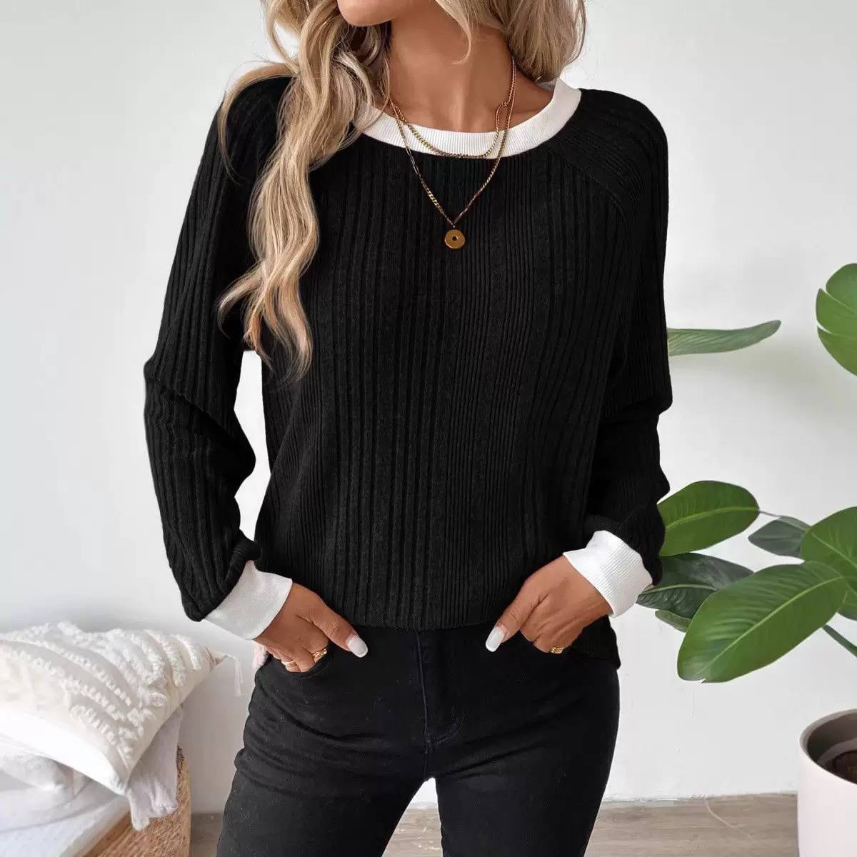 Relaxed Ribbed Jumper With Contrast Crew Neck – Black