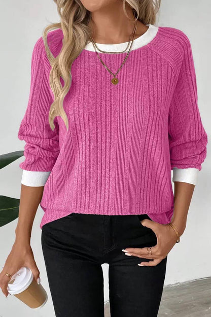 Relaxed Ribbed Jumper With Contrast Crew Neck – Bright Pink
